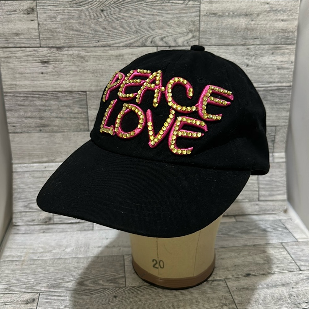 Peace love black pink rhinestone baseball hat